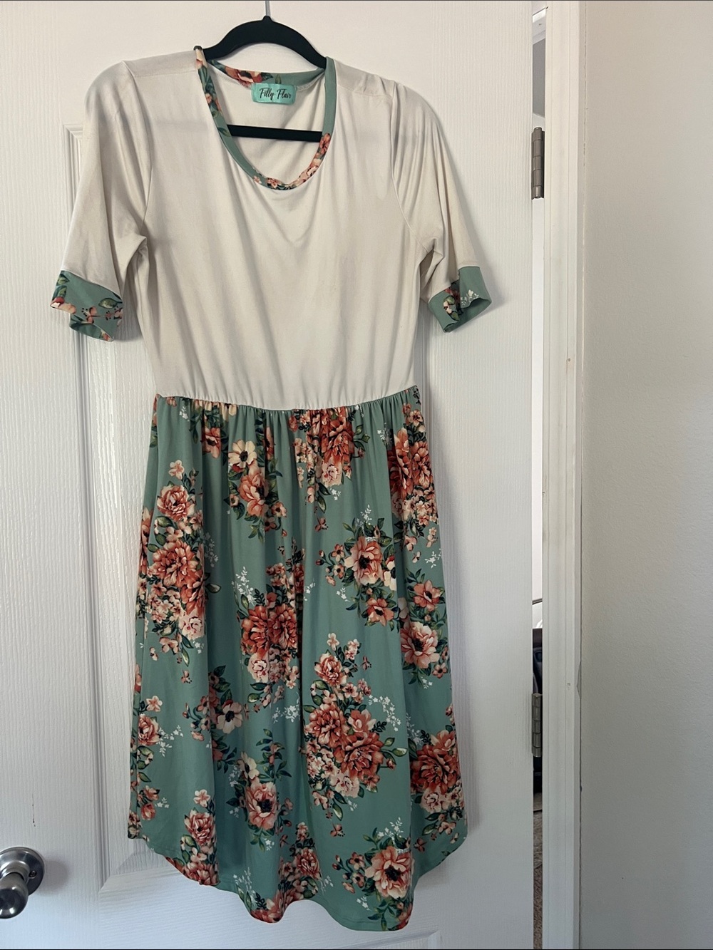 Filly Flair Sage Green Floral and Cream Midi Dress